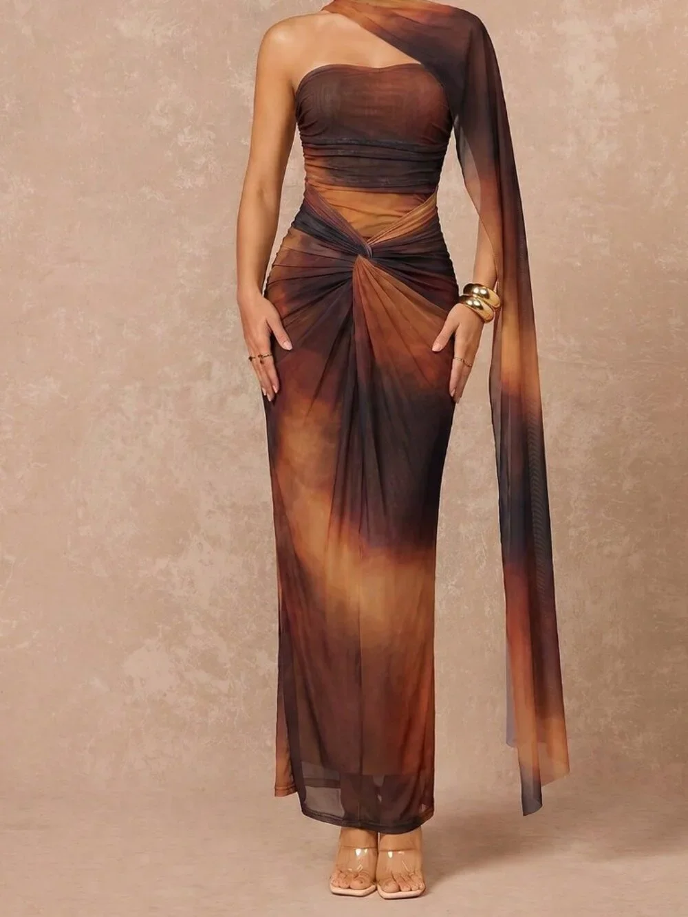 Multicolor Party Women's Twist Pencil Maxi Asymmetrical Neck Bodycon Dress